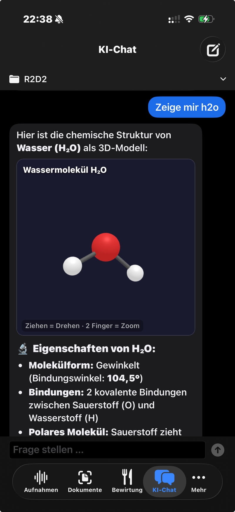 ZAjONiC App auf dem iPhone: KI-Chat zeigt ein interaktives 3D-Modell eines Wassermoleküls als Antwort