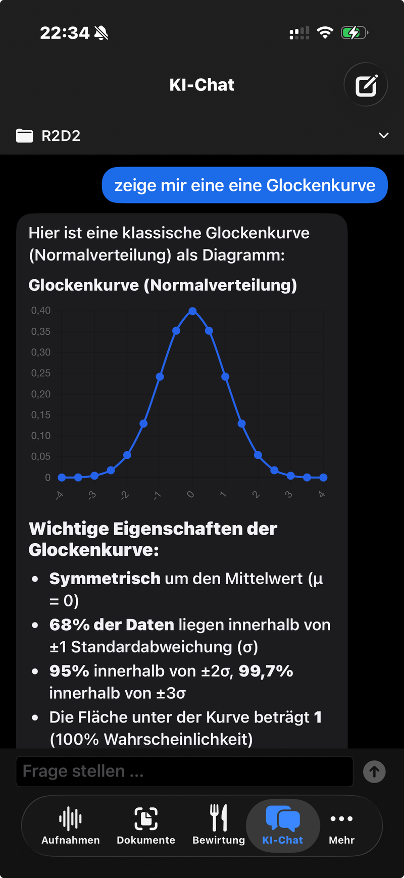 ZAjONiC App KI-Chat: Antwort mit eingebettetem Liniendiagramm einer Normalverteilung