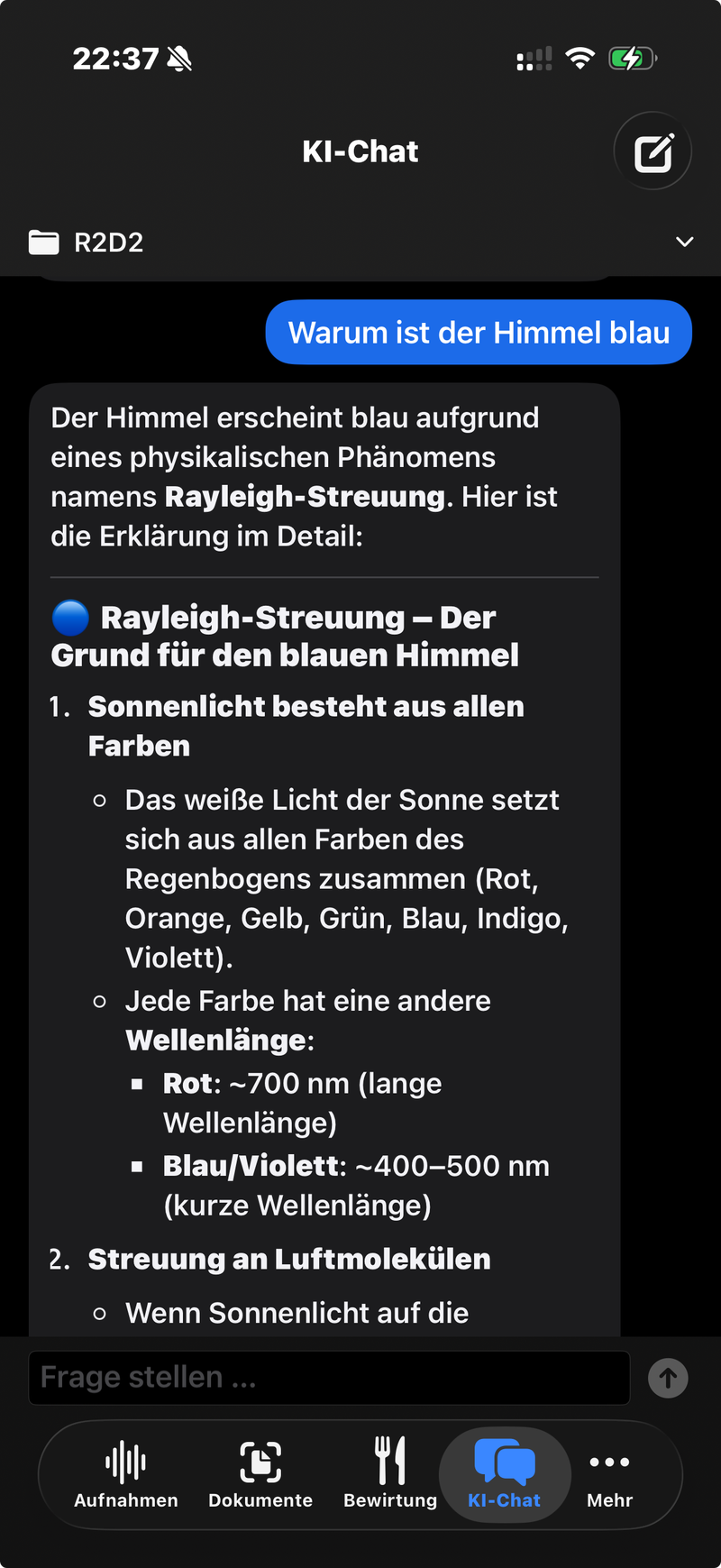 ZAjONiC App KI-Chat: ausführliche, formatierte Textantwort mit Zwischenüberschriften