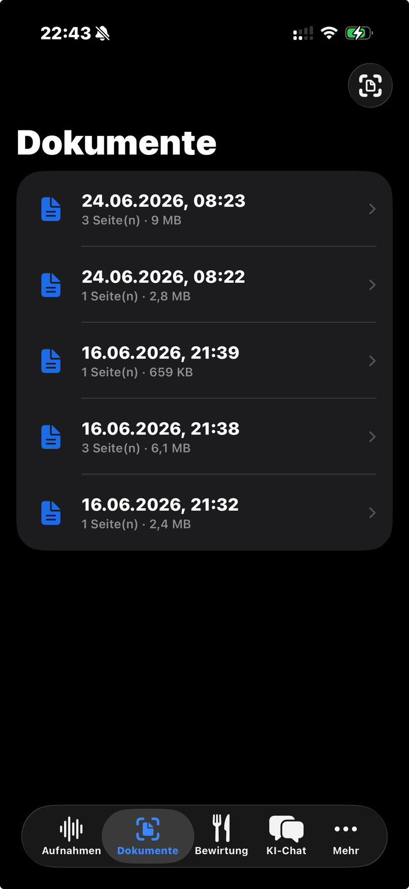 ZAjONiC App: Liste gescannter Dokumente mit Datum, Seitenzahl und Dateigröße