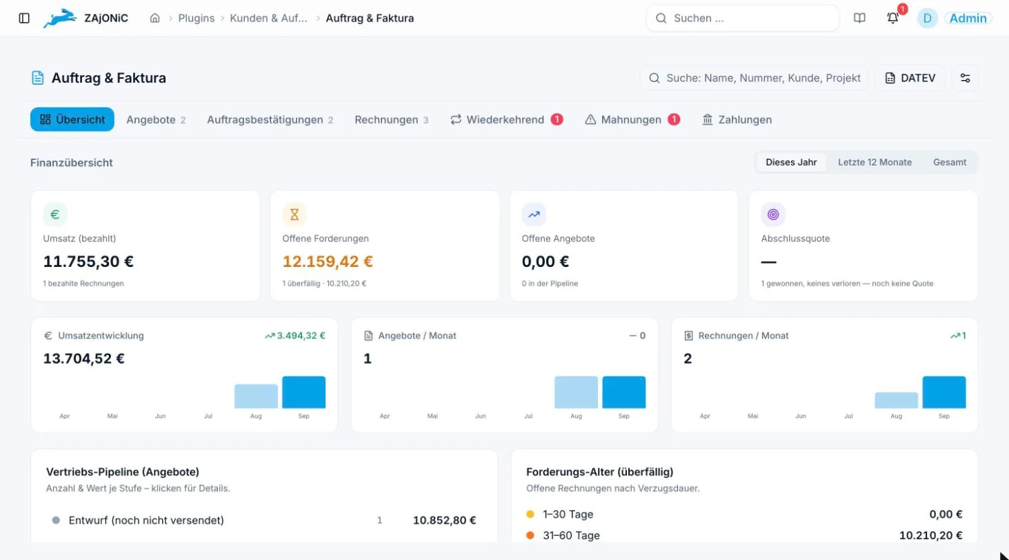 Finanzübersicht: Umsatz, offene Forderungen und Entwicklung je Monat