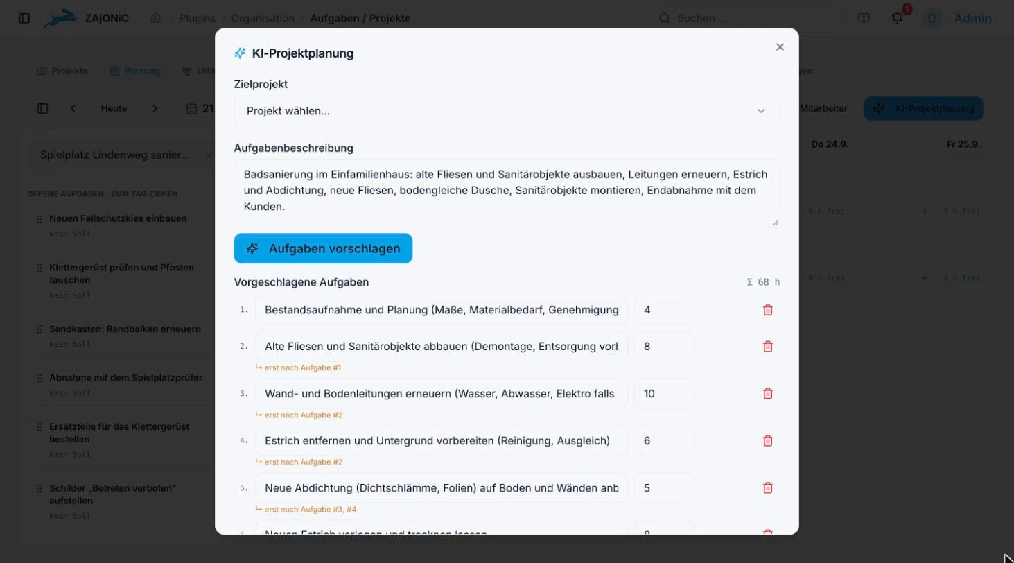 KI-Projektplanung: Aus der Beschreibung einer Badsanierung entstehen Arbeitsschritte mit Stunden und Reihenfolge