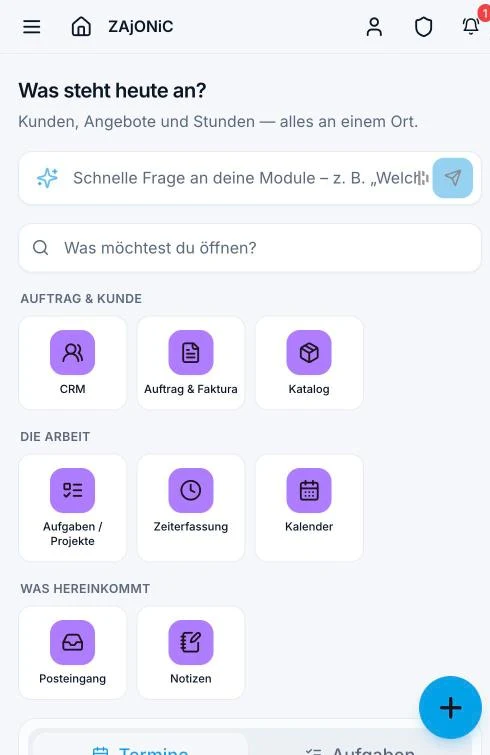 ZAjONiC auf dem Handy: Startseite mit Kunden, Aufträgen, Stunden und Posteingang