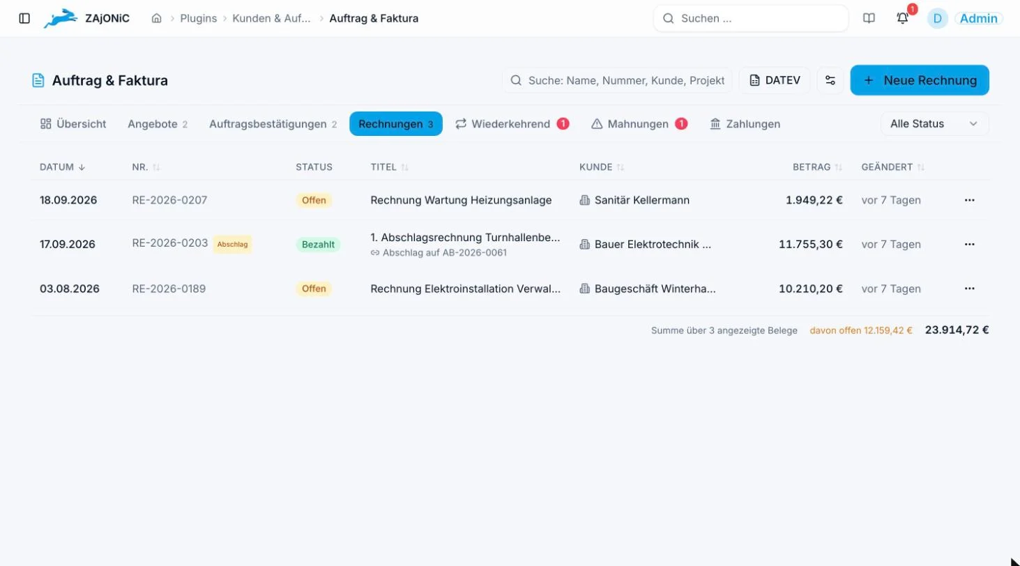 Rechnungsliste mit Abschlagsrechnung, Status und DATEV-Export