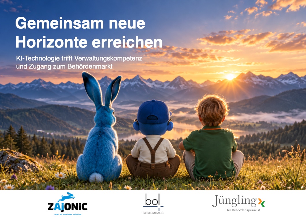 Gemeinsam neue Horizonte erreichen: KI-Technologie trifft Verwaltungskompetenz und Zugang zum Behördenmarkt. Drei Figuren blicken auf ein Bergpanorama im Sonnenaufgang, darunter die Logos von ZAjONiC, BOL Systemhaus und Jüngling.