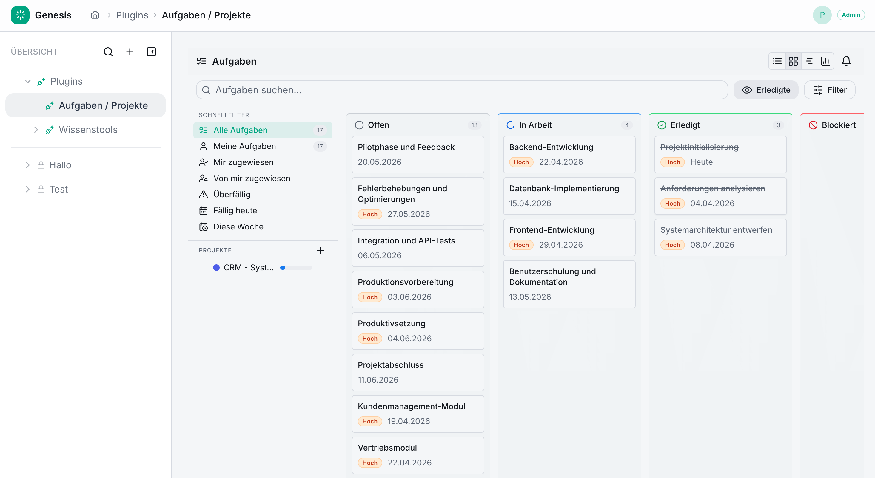ZAjONiC Plugin „Aufgaben & Projekte“: ein Kanban-Board mit Aufgabenspalten und Karten