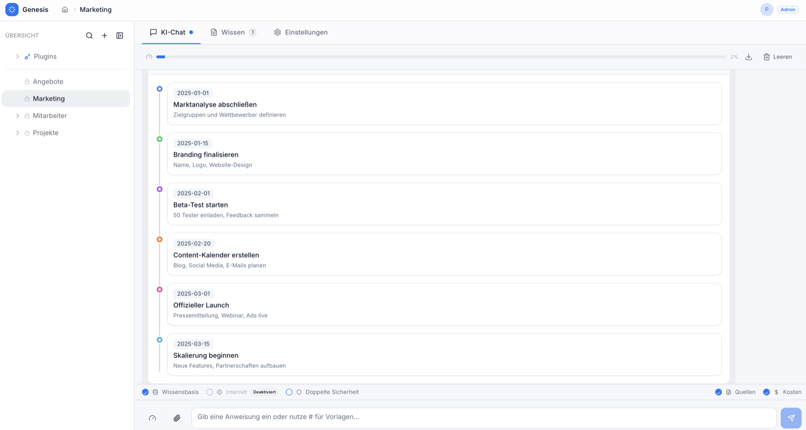 ZAjONiC Chat mit interaktiver Timeline-Visualisierung aus dem Firmenwissen