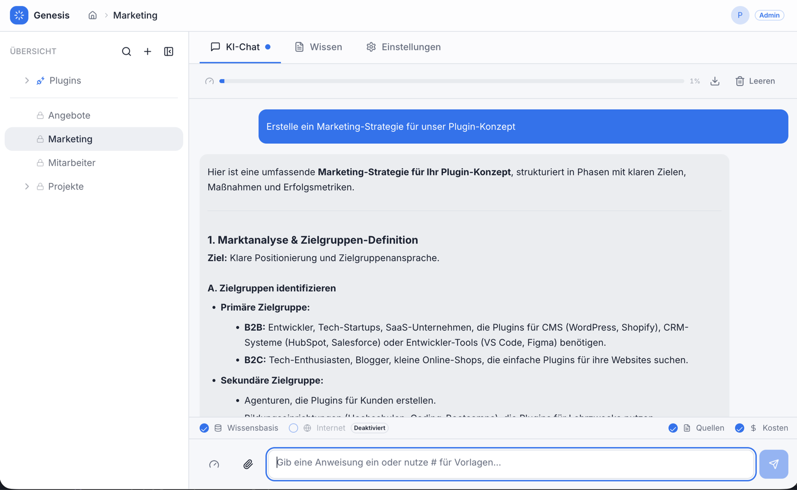 ZAjONiC KI-Chat erstellt eine Marketing-Strategie mit belegten Antworten