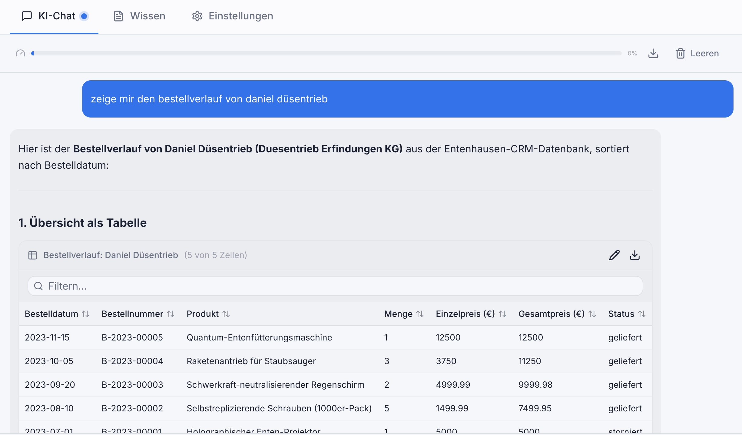 ZAjONiC Datenbank-Abfrage: ein Bestellverlauf wird per natürlicher Sprache abgefragt und als Tabelle dargestellt