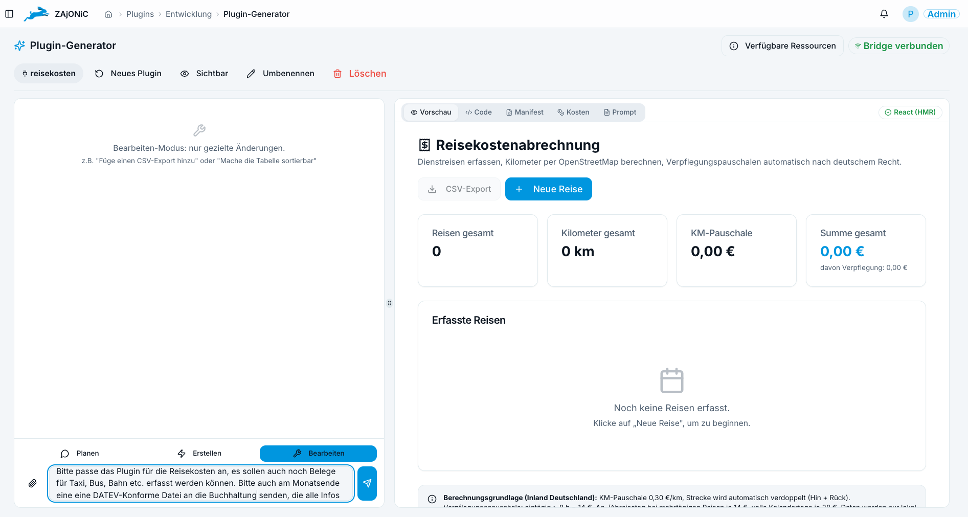 ZAjONiC Plugin-Generator: links der Anpassungs-Dialog „Bitte passe das Plugin für die Reisekosten an…“, rechts die fertige Reisekostenabrechnung in der Live-Vorschau