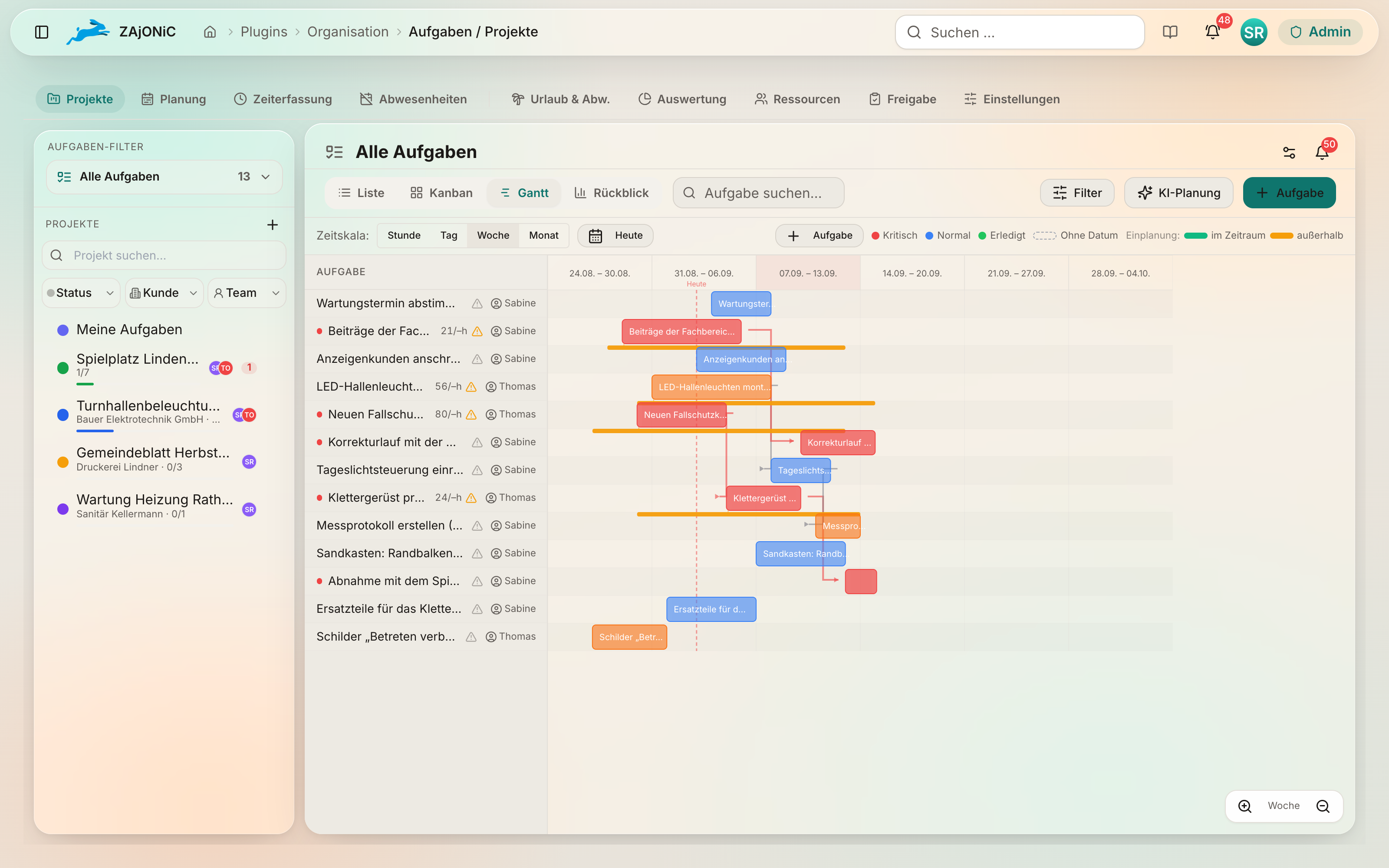 Gantt-Ansicht der Aufgaben in ZAjONiC mit Abhängigkeitspfeilen, Heute-Linie und Einplanungsbalken.