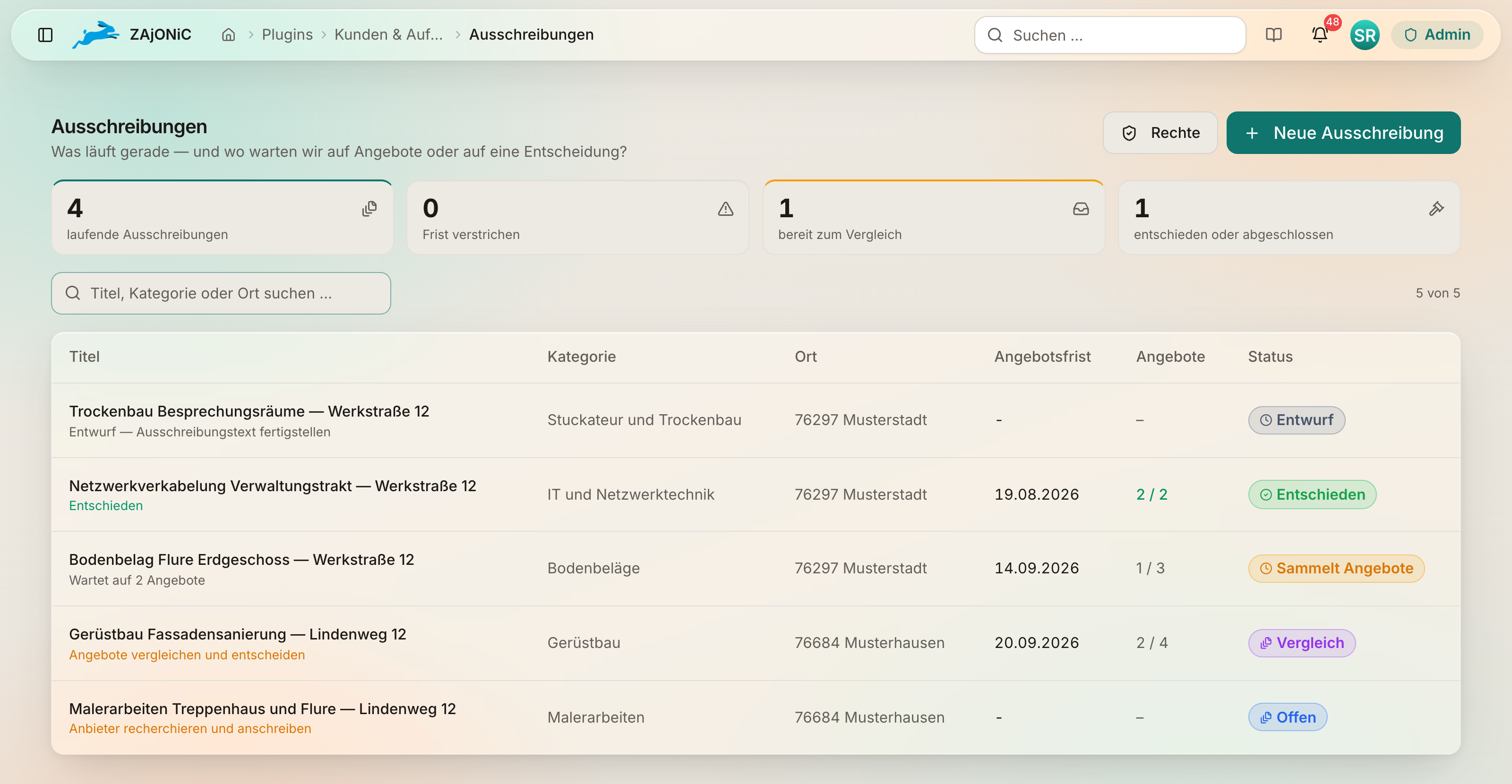 Übersicht der eigenen Ausschreibungen in ZAjONiC mit Kennzahlen und Status Entwurf, Sammelt Angebote, Vergleich, Entschieden und Offen.