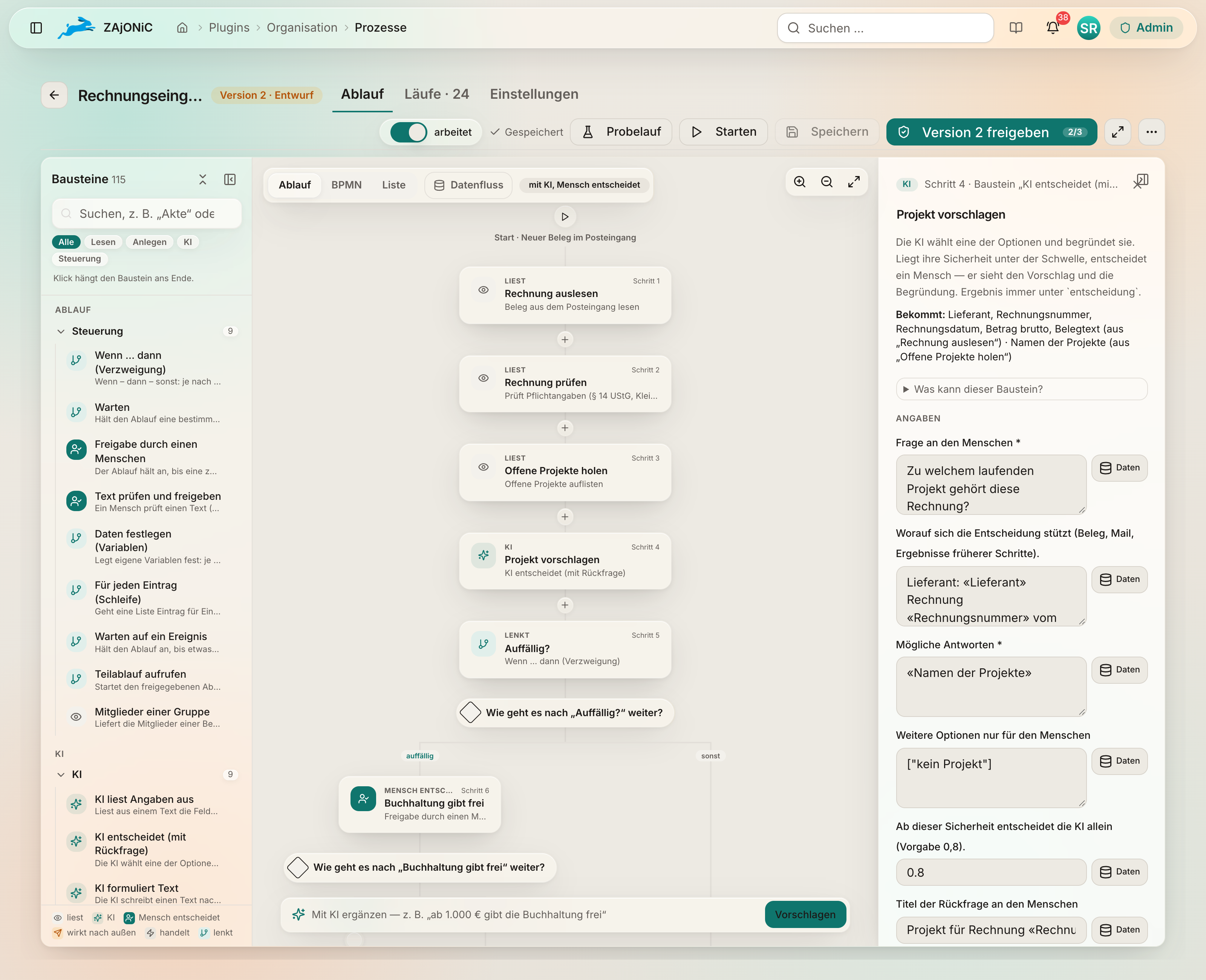 Der Prozessdesigner von ZAjONiC: links die Bausteine, in der Mitte der Ablauf als Folge von Schritten, rechts die Angaben zum gewählten Schritt.
